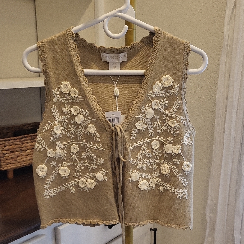 Caroline Constas Tan Floral Embroidered Top